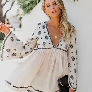 VICI Embroidered cream and navy tunic shirt